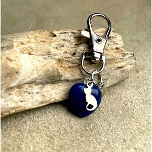 Lapiz Lazuli Heart Shaped Stone Love My Cat Keychain Or Purse Toggle